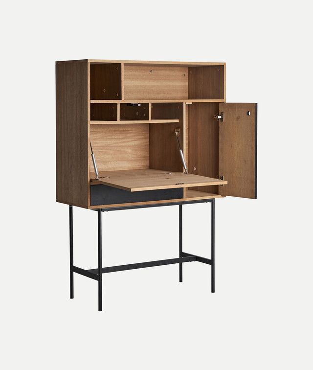 Vista lateral Mueble Auxiliar Gelle 95 cm Madera DM en color marrón claro combinado con hierro en color negro puertas abiertas Kodu Homedesign Slowdeco