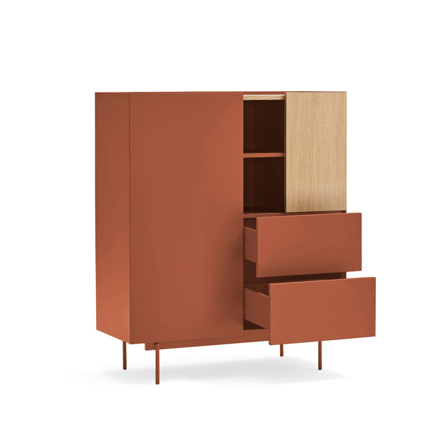 Vista lateral Mueble Auxiliar Otto 100 Roble Teja cajones abiertos Teulat Slowdeco