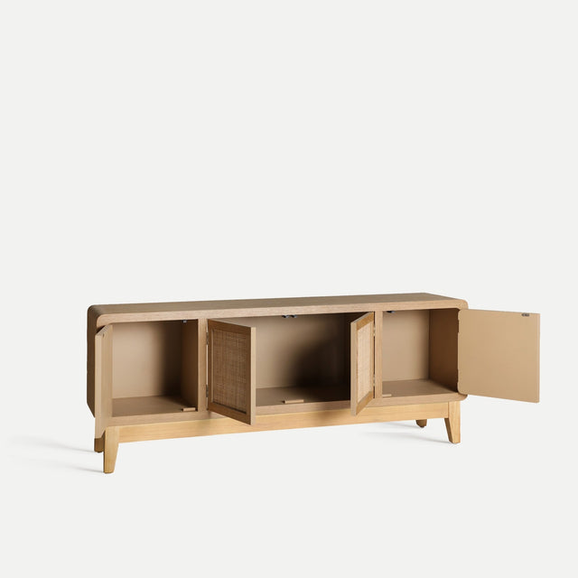 Vista lateral Mueble TV Doazit 160 cm Abeto 4 puertas abiertas Kodu Homedesign Slowdeco