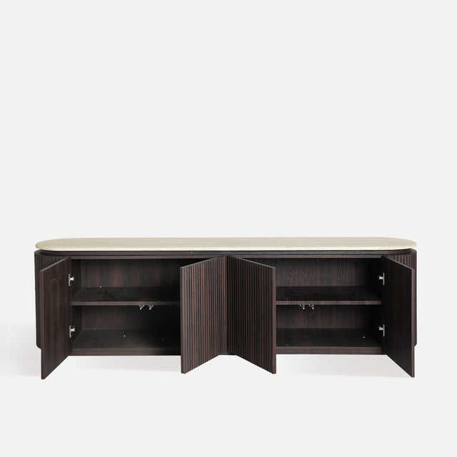 Vista lateral Mueble TV Kolga 180 cm madera mango puertas abiertas Kodu Homedesign Slowdeco
