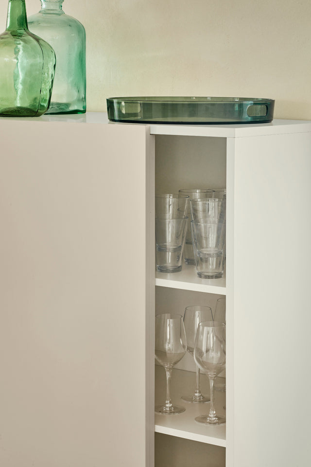 Vista lateral detalle Mueble Auxiliar Nube 120 cm estructura blanca y puerta corredera arena Teulat Slowdeco