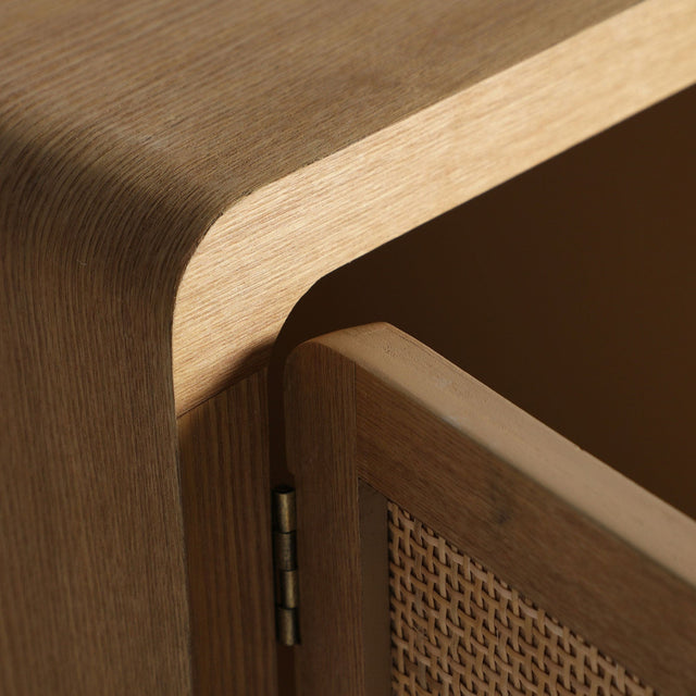 Vista lateral detalle acabado Mueble TV Doazit 160 cm Abeto 4 puertas Kodu Homedesign Slowdeco