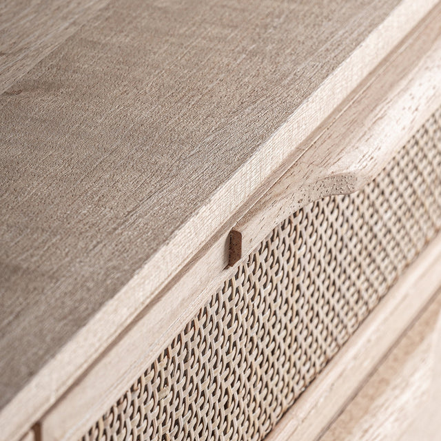 Vista lateral detalle cajón Mueble TV Weurtz 170 cm Fresno & Ratán beige cajones Kodu Homedesign Slowdeco