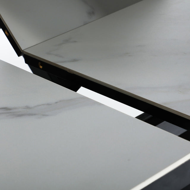 Vista lateral detalle tapa abierta Mesa de Comedor Extensible Rectangular Droux 180 - 220 cm con estructura de hierro y tapa en madera DM y cerámica  Kodu Homedesign Slowdeco