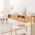 Vista lateral mueble de TV 240 cm Penxat Roble Natural Personalizado 2 Puertas 3 cajones apoyado suelo niveladores salón comedor Slowdeco