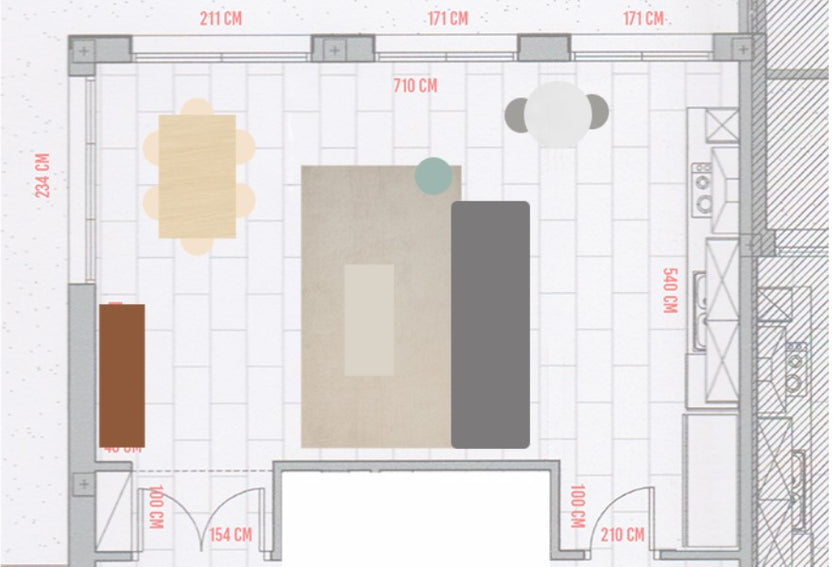 Plano con distribución amueblada y zonas de paso