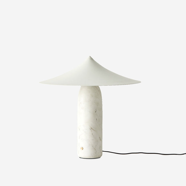 Vista frontal Lámpara sobremesa Kin mármol Blanco texturizado y pantalla blanca Aromas del Campo Slowdeco